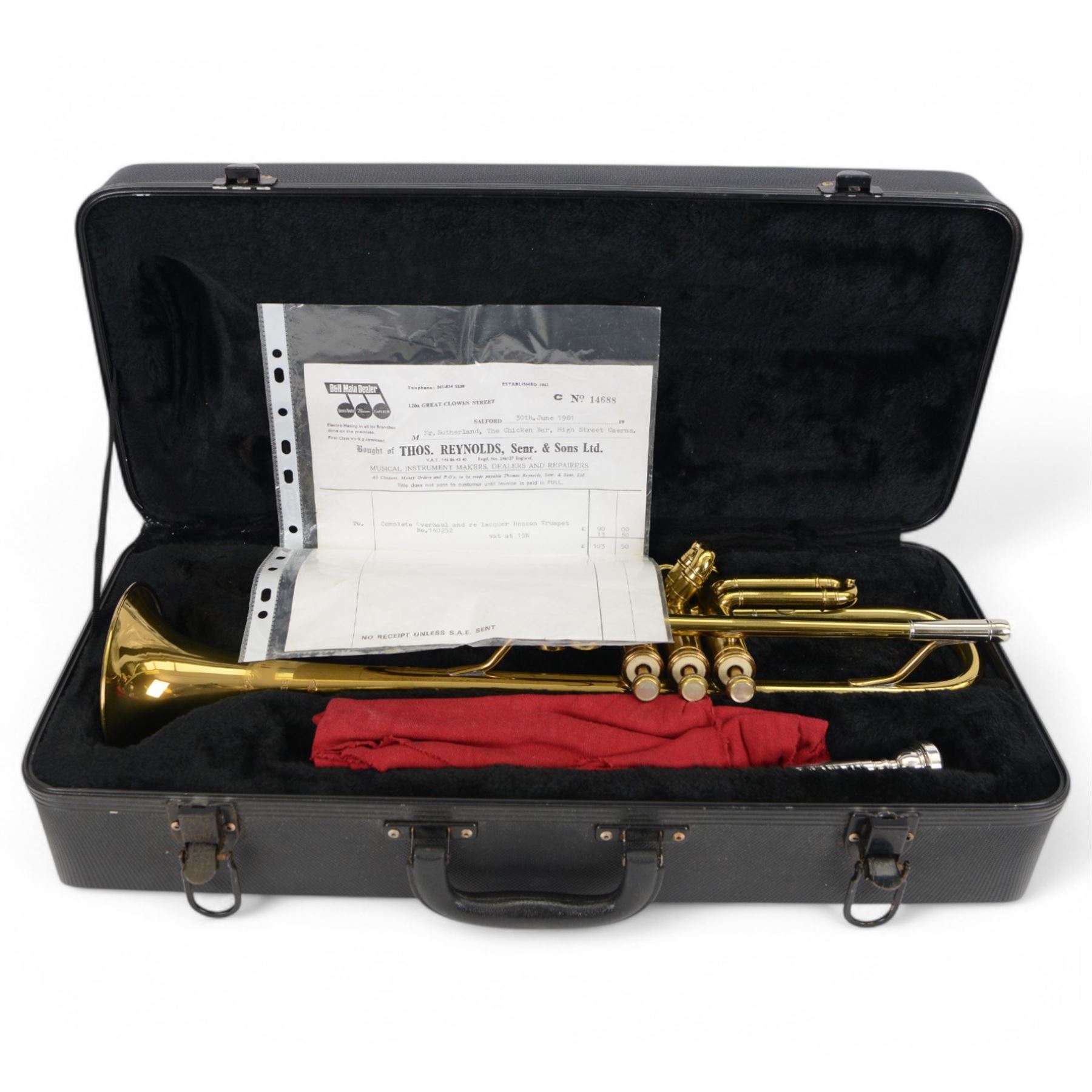 Besson brass trumpet, with three piston valves and finger hook, heavily lacquered finish with mouthpiece, within a velvet lined hard case