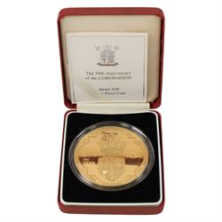 The Royal Mint Jersey 2003 '50th Anniversary of the Coronation' silver proof five ounce ten pound coin, cased with certificate