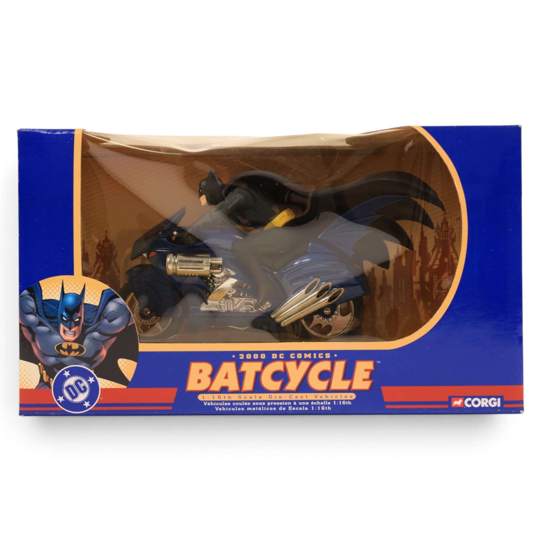 Four Corgi Batman diecast vehicles, comprising 1:18 1940s DC Comics Batmobile, 1:24 scale 1960s DC Comics Batmobile, 1:16 scale 2000 DC Comics Batcycle, all boxed and an unboxed Corgi 2000s DC Comics Batmobile