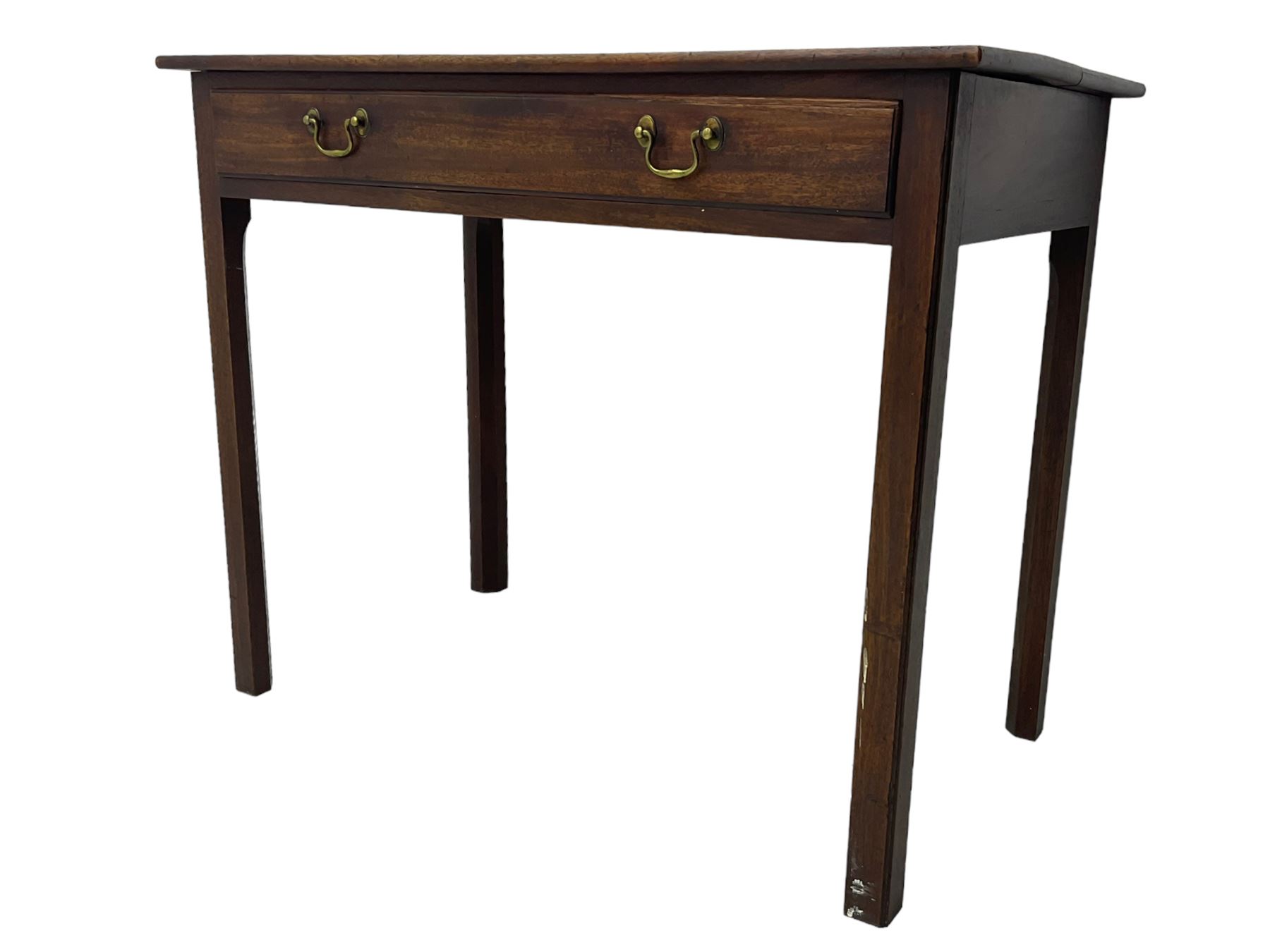 Early 20th century oak side table, rectangular top with rounded edges over single frieze drawer with brass pull handles, raised on square supports