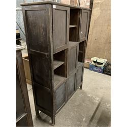 20th century painted pitch pine multi-door cupboard, fitted with six panelled hutch doors and three open shelves - THIS LOT IS TO BE COLLECTED BY APPOINTMENT FROM THE OLD BUFFER DEPOT, MELBOURNE PLACE, SOWERBY, THIRSK, YO7 1QY