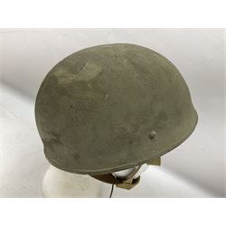 Post-WW2 British Airborne Troops,/Paratroopers Steel Helmet with green textured paint finish, leather and sponge liner and three point chinstrap mounting; liner marked BMB II 1953 71/4