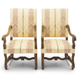 Pair of French Louis XIV design carved walnut open throne armchairs, high back and sprung ...