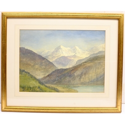 Alfred Young Nutt (British 1847-1924): 'Lake Thun Switzerland', watercolour inscribed verso 27cm x 37cm
Provenance: with T B & R Jordan Fine Art, Stockton on Tees, label verso