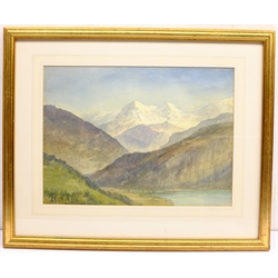 Alfred Young Nutt (British 1847-1924): 'Lake Thun Switzerland', watercolour inscribed verso 27cm x 37cm
Provenance: with T B & R Jordan Fine Art, Stockton on Tees, label verso