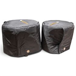 Pair of Adams Universal fibreglass pedal timpani, 29in and 26in, with Remo heads and tuning gauges, with mushroom covers