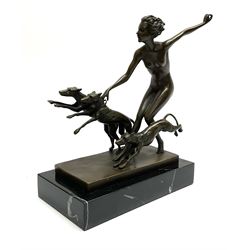 Art Deco style bronze, after Josef Lorenzl, modelled as a nude female figure with three dogs, signed and with foundry mark, raised upon a rectangular marble base, overall H23cm