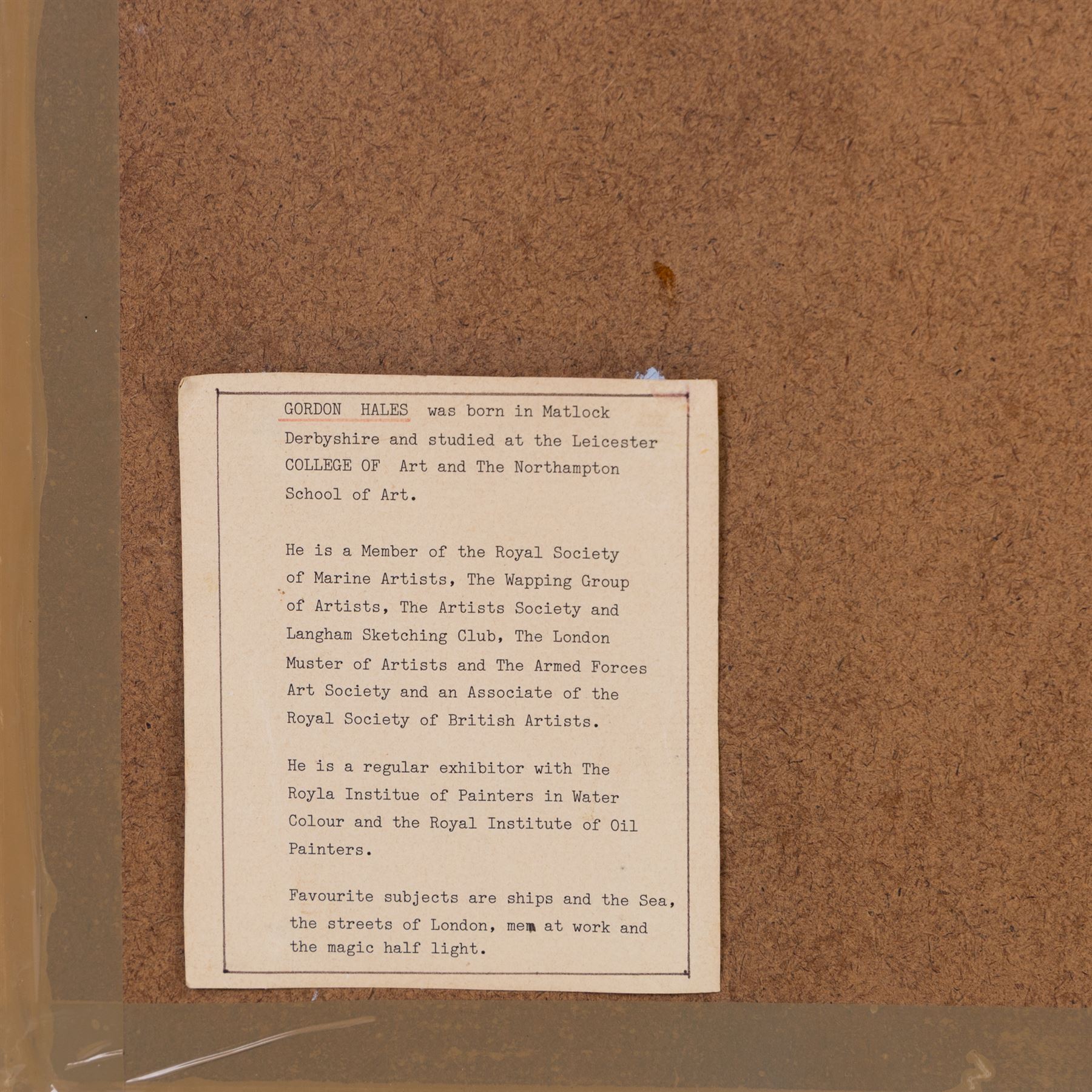 Gordon Hales (British 1916-1997): 'Tall Ships in the Upper Pool', watercolour signed, titled on label verso 32cm x 48cm 