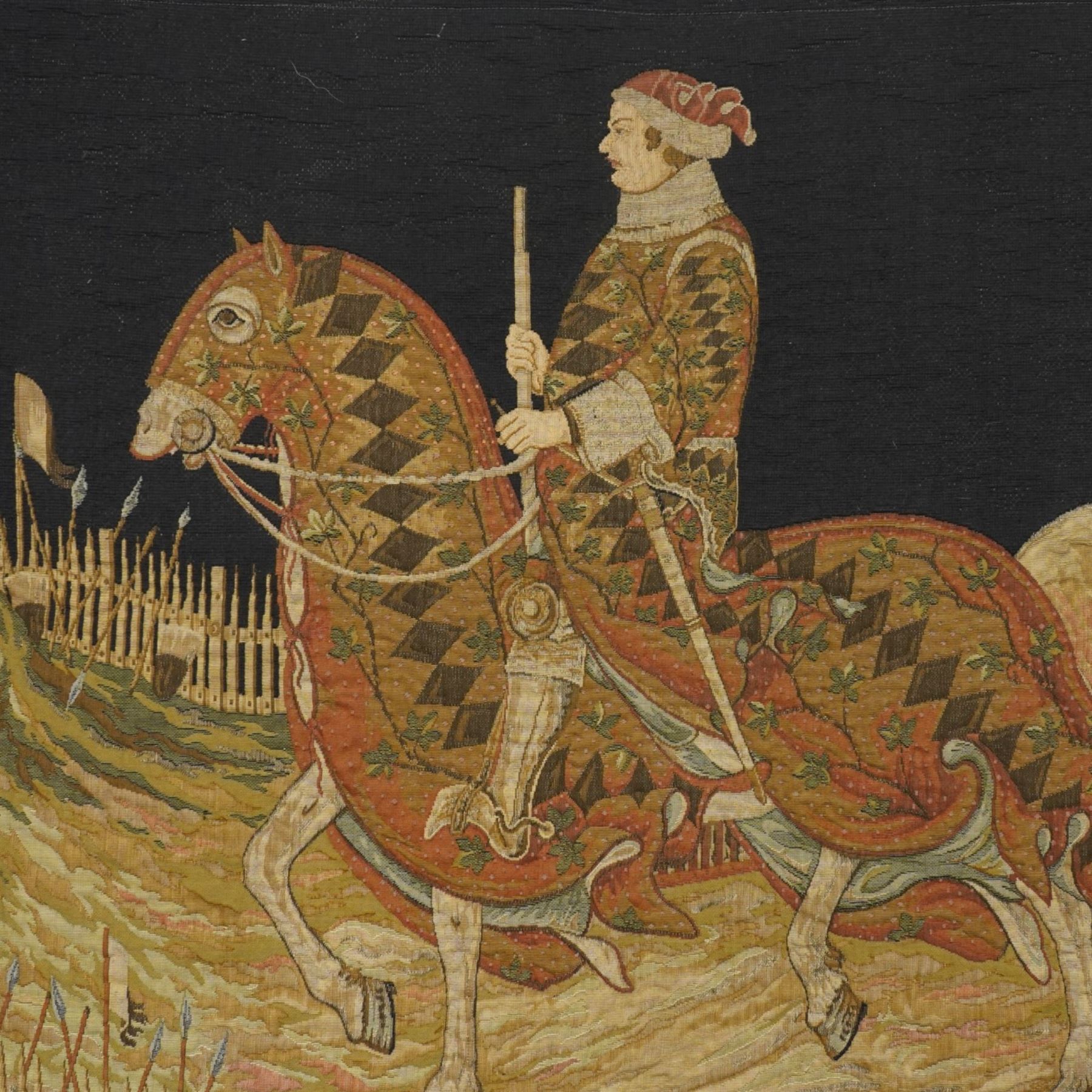 Large 20th century tapestry after Simone Martini (Italian 1284-1344), depicting a section of the Guidoriccio da Fogliano at the Siege of Montemassi fresco, 93cm x 134cm