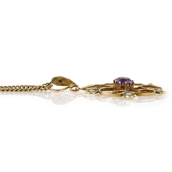 Edwardian gold amethyst and seed pearl pendant, stamped 9ct, on gold chain hallmarked 9ct