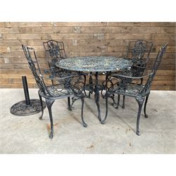 Victorian design painted aluminium circular garden table and four chairs, with parasol base