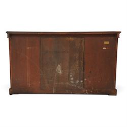 Lamb of Manchester (est. 1843) - Victorian Aesthetic Movement inlaid figured and burr walnut inverted-breakfront credenza, the shaped rectangular top with ebony banding and boxwood stringing, the frieze applied with bronze mounts decorated with foliate and scroll motifs, fitted with central glazed door flanked by panelled doors with central oval metal plaques depicting Classical Muses with lyre, the flanking canted uprights applied with caryatid maidens holding torches, acanthus terminal over skirted base