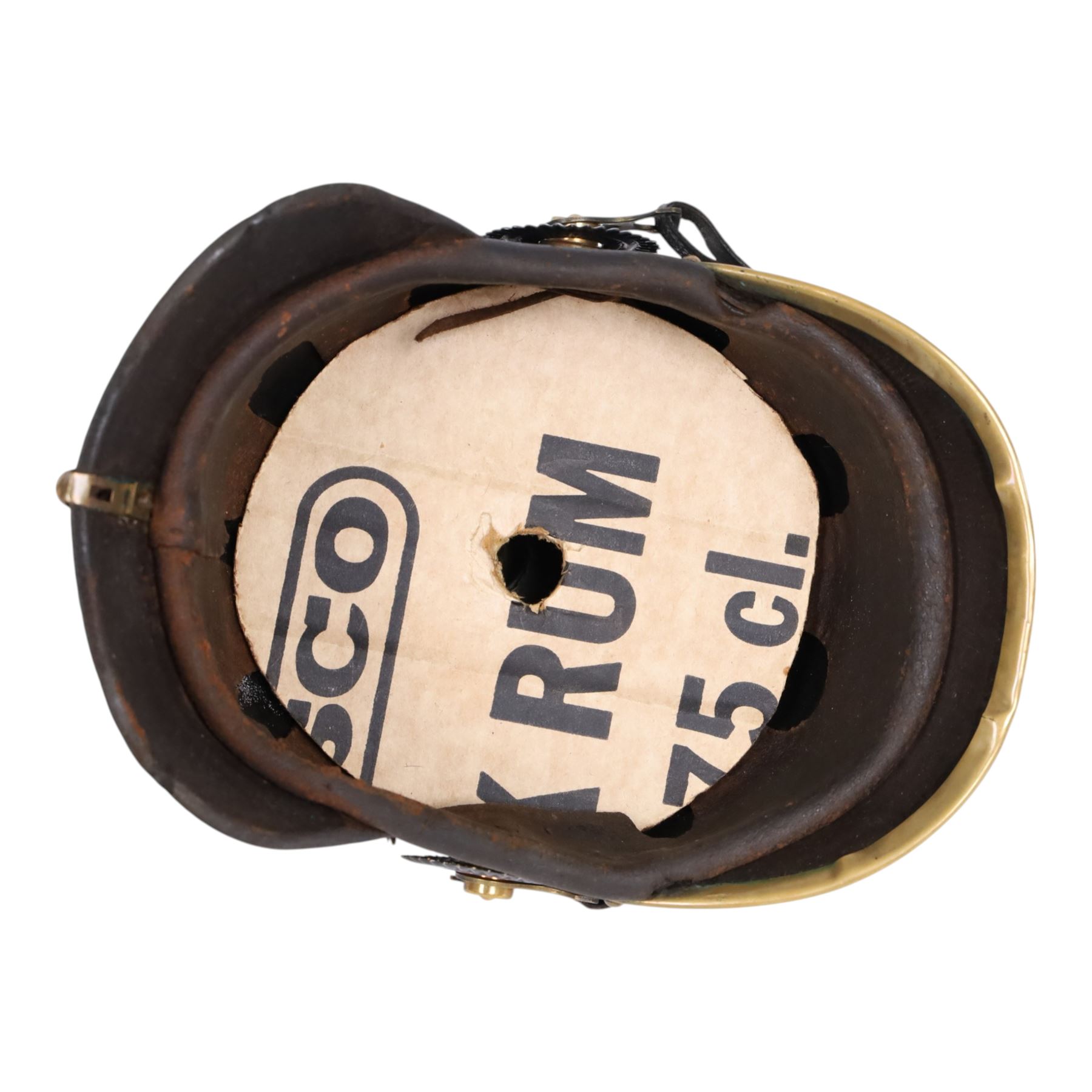 WWI Prussian EM M1895 artillery Pickelhaube, circa 1895, the black leather skull with brass ball finial, brass eagle helmet plate and leather chin strap, one side with a black cockade, the other black and red