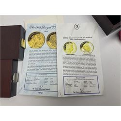 Single owner lifetime collection of mostly commemorative modern World coins with gold, silver and base metal examples, including two Queen Elizabeth II Bailiwick of Guernsey twenty-five pound gold coins 'The 1999 Royal Wedding' and '100th Anniversary of the End of the Victorian Era' 2001 each in 24 carat gold weighing 7.81 grams with certificates, silver coins commemorating the Millennium 2000 including Guyana sterling silver proof two-thousand dollars, Fiji sterling silver proof five dollars etc, silver coins from the Queen Elizabeth II Golden Jubilee Collection dated either 2002 or 2003 from Great Britain and the Commonwealth countries, United Kingdom commemorative crowns in card folders, The Royal Mint United Kingdom 1997 proof coin set in red folder without certificate etc