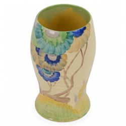 Clarice Cliff Bizarre Rhodanthe pattern vase, shape 583, with green, red, yellow and brown foliate decoration, H15cm