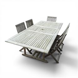 Teak garden table and 6 folding chairs in a grey finish