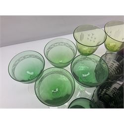 Set of four Swedish Reijmyre drinking glasses, with textured outer surface, together with green drinking glasses including Holmegaard examples and other glassware