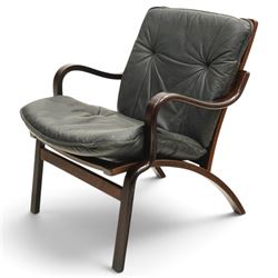 Mid-20th century Danish stained bentwood framed easy armchair, slatted back over shaped arms, mesh seat and rear-splayed supports, with black leather-upholstered loose back and seat cushions 