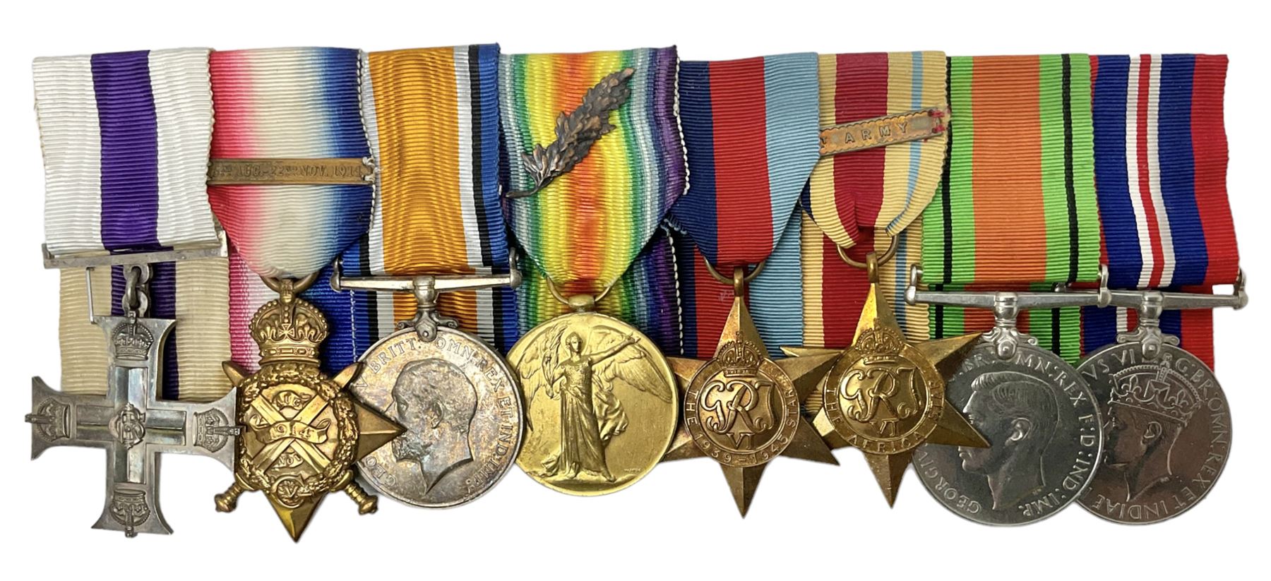 WW1/WW2 Military Cross group of eight medals comprising M.C., 1914 Star with 5th Aug.-22nd Nov.1914 clasp, British War Medal and Victory Medal with MID oak leaves awarded to Lieut. (later Lieut./Col) F.C. Davidson R.A.M.C., 1939-1945 Star, Africa Star with 1st Army clasp, 1939-1945 War Medal and Defence Medal; with single page copy of research material