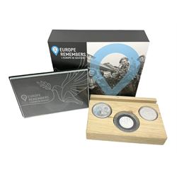 Royal Dutch Mint 'Europe Remembers' silver three coin set, comprised of Royal Canadian Mint 2020 one dollar '75th Anniversary of V-E Day', The Royal Mint 2020 one pound '75th Anniversary of VE Day' and Royal Dutch Mint 2020 five euros '75 Years of Freedom', cased with certificate