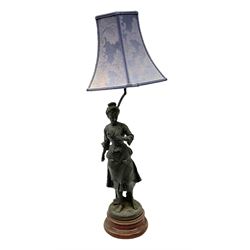 French figural spelter lamp modelled as a lady upon turned stepped circular base with blue fabric shade, H76cm