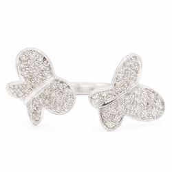 18ct white gold diamond butterfly ring, pave set with single cut diamonds, stamped 750