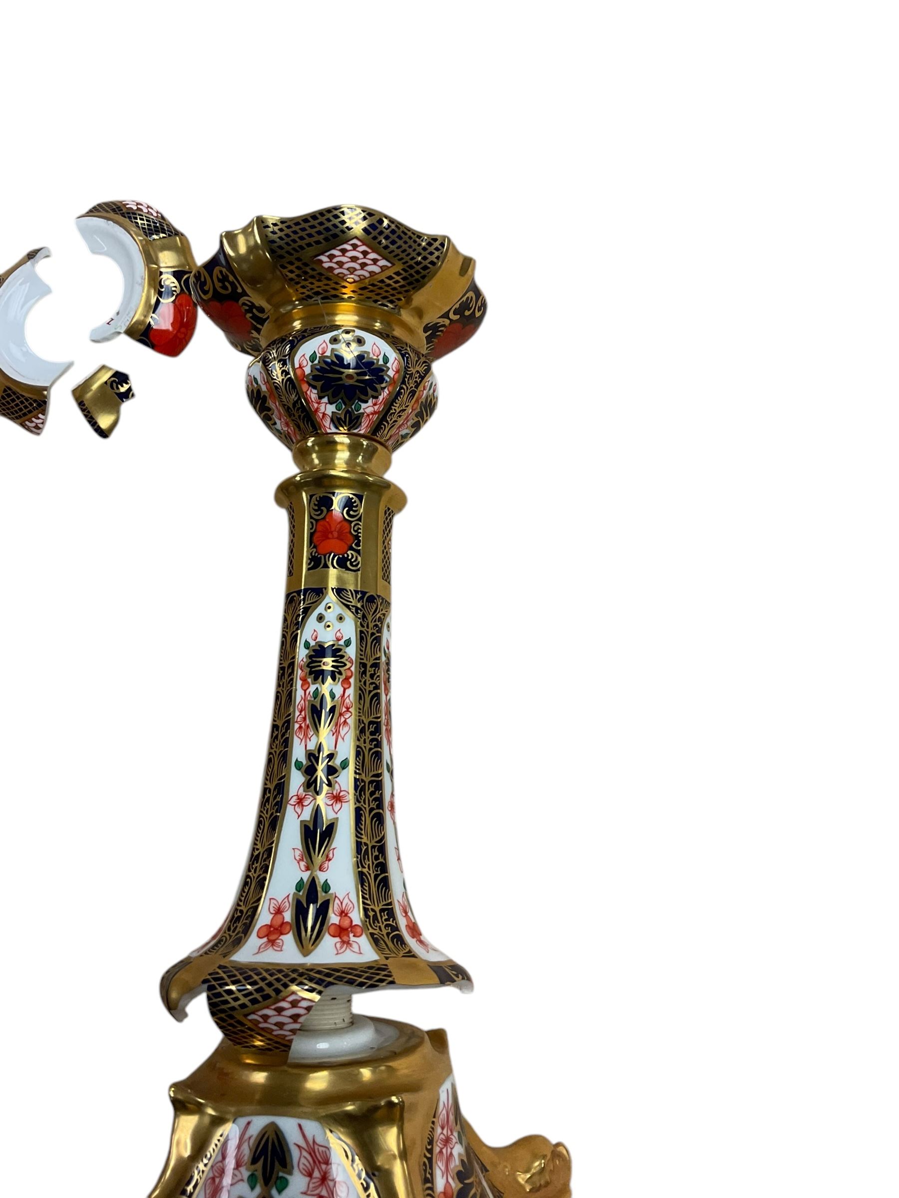 Pair of Royal Crown Derby Imari Pattern Candlesticks, numbered 1128, H27cm