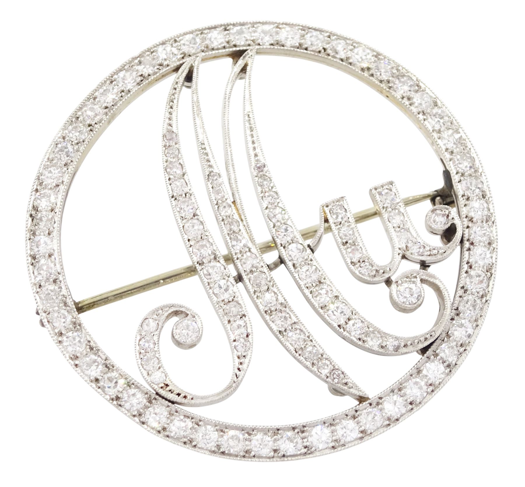 Art Deco platinum and diamond initial brooch, the circular frame and initials 'Mu' milgrain set with old cut diamonds, total diamond weight approx 2.40 carat