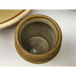 Terracotta bread proving bowl, together with three stoneware jars, tallest H26.5cm