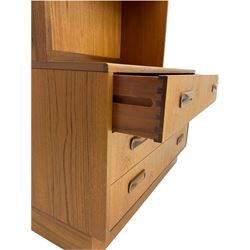 G-Plan teak two sectional modular wall display cabinet, fitted with sliding glass doors, double cupboard and three drawers