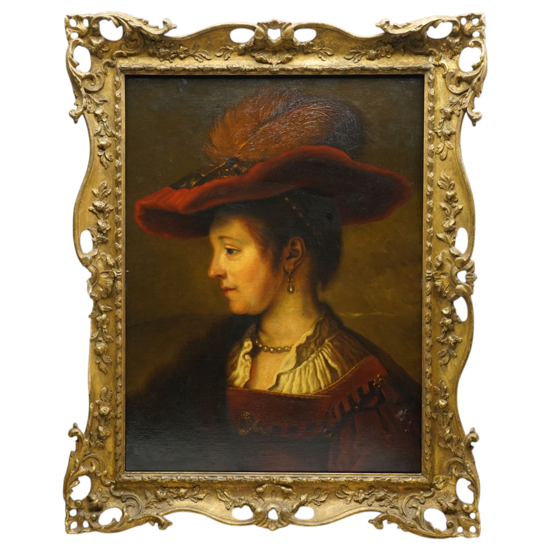 Marguerite Diericke (19th century) after Rembrandt van Rijn (Dutch 1606-1669): Quarter-Length Portrait of of 'Saskia van Uylenburgh' (1612–1642) the Artist's Wife, oil on canvas signed and dated 1885, 63cm x 47cm