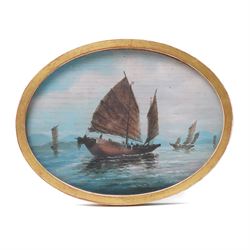 Small  oval oil painting of Chinese junks in gilt frame 14cm x 19cm