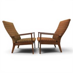 Parker Knoll - 'PK 988' open armchair, with teak frame, upholstered in a striped fabric, raised on tapering supports, the loose seat cushion supported on elasticated webbing 