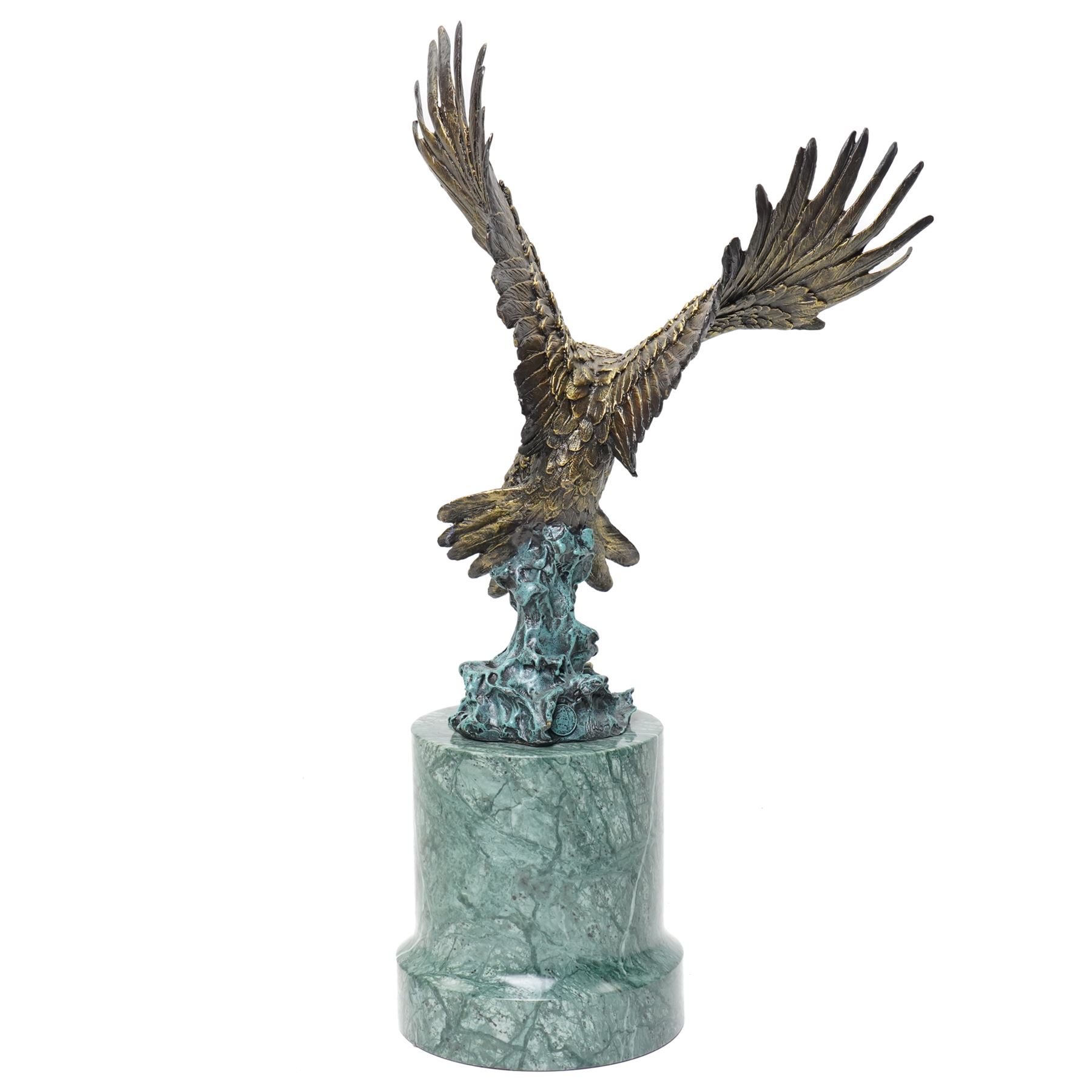 After Jules Moigniez - bronze figure of an eagle poised to attack, upon green marble base, overall H50cm