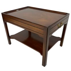 Mahogany side table or end table, the dished rectangular top with moulded edge, fitted with single end drawer, moulded square supports with inner chamfer united by under-tier 