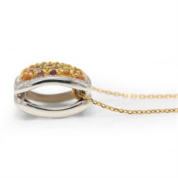 18ct gold multi gemstone set flower pendant necklace, white gold pendant pave set with citrine's, peridot's and amethyst's, surrounded by white sapphire's, on a yellow gold trace link chain necklace, both stamped