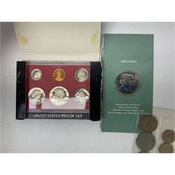 King George V 1935 crown coin, King George VI 1951 Festival of Britain crown in maroon box, various pre decimal coins, Ireland 1928 florin, Queen Elizabeth II UK 2007 five pound coin, two 'The Farmers Bank of China' five yuan notes etc