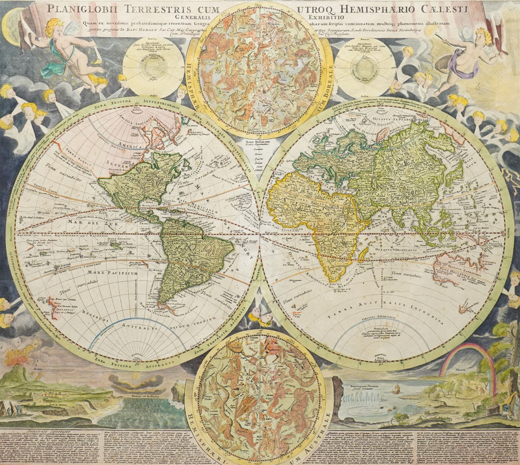 Johann Baptist Homann (German 1664-1724): 'Planiglobii Terrestris cum utroq Hemisphaerio Caelesti Generalis Exhibitio', early 18th century engraved double hemisphere world map with hand-colouring with double hemisphere celestial charts and scenes of natural phenomenon pub. Nuremberg c.1720, 48cm x 54cm