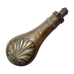 19th century copper and brass powder flask by G. & J. Hawksley Sheffield embossed with stylised shells; to dispense 2 1/4 - 3 drams L21cm