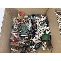 Quantity of unboxed and playworn die-cast/lead figures by various makers; predominantly farm animals and accessories but some Medieval Knights on horseback; together with a collection of plastic garage/motor mechanic figures still on sprues