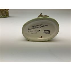 Fifteen Beswick Beatrix Potter figures, comprising Tommy Brock, The Old Woman who live in a Shoe, Samuel Whiskers, Foxy Whiskered Gentleman, Old Mr Brown, Mr Benjamin Bunny and Peter Rabbit, Tailor of Gloucester, Goody Tiptoes, Mr Benjamin Bunny, Diggory Diggory Delvet, Jemima Puddleduck, Aunt Pettitoes, Hunca Munca, Rebeccah Puddle-Duck, and Lady Mouse. 