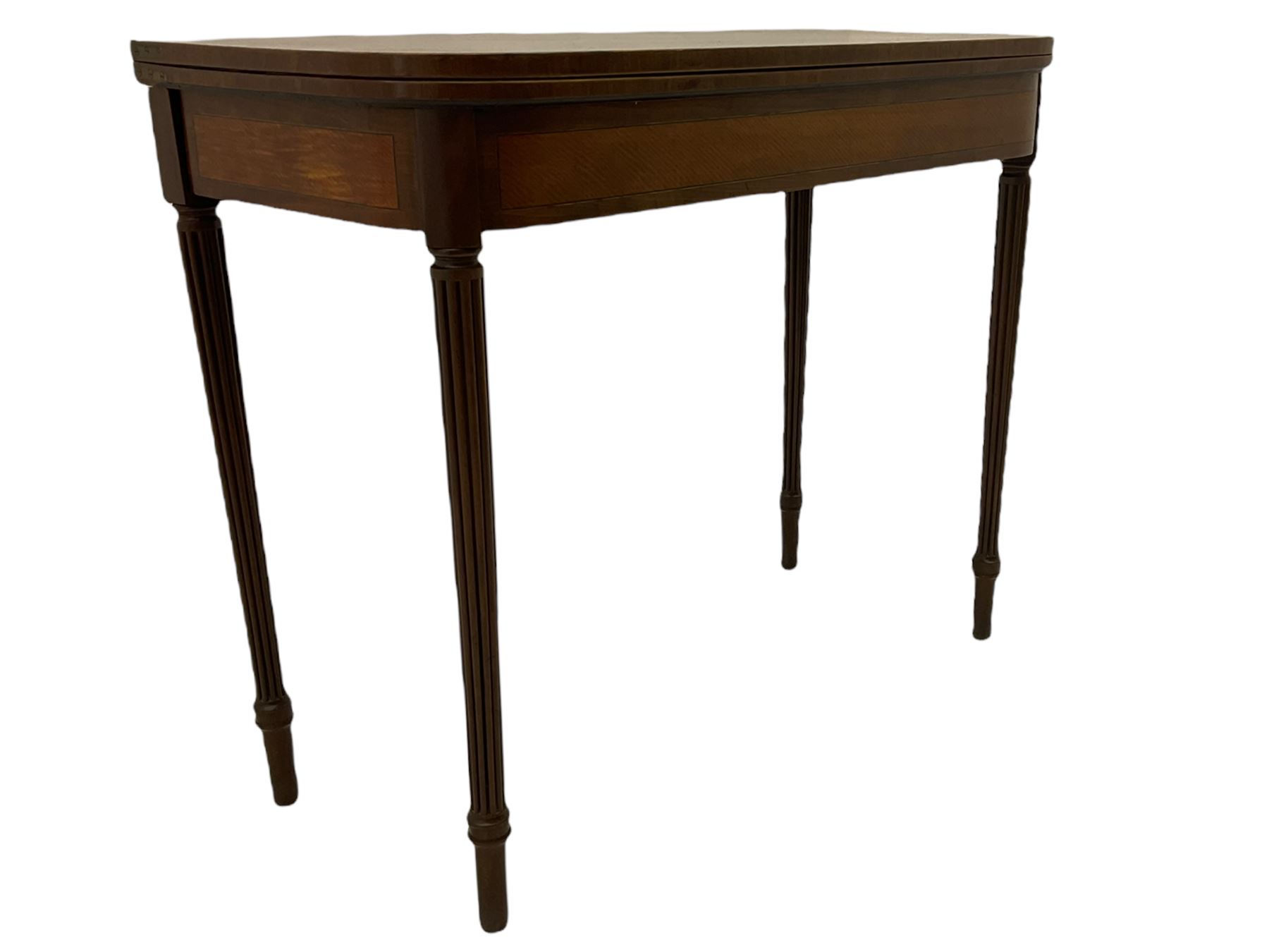 Early 19th century tea table, rectangular fold-over top with rounded corners, the frieze and sides inlaid with satinwood panels, double gate-leg action base, on reeded supports 