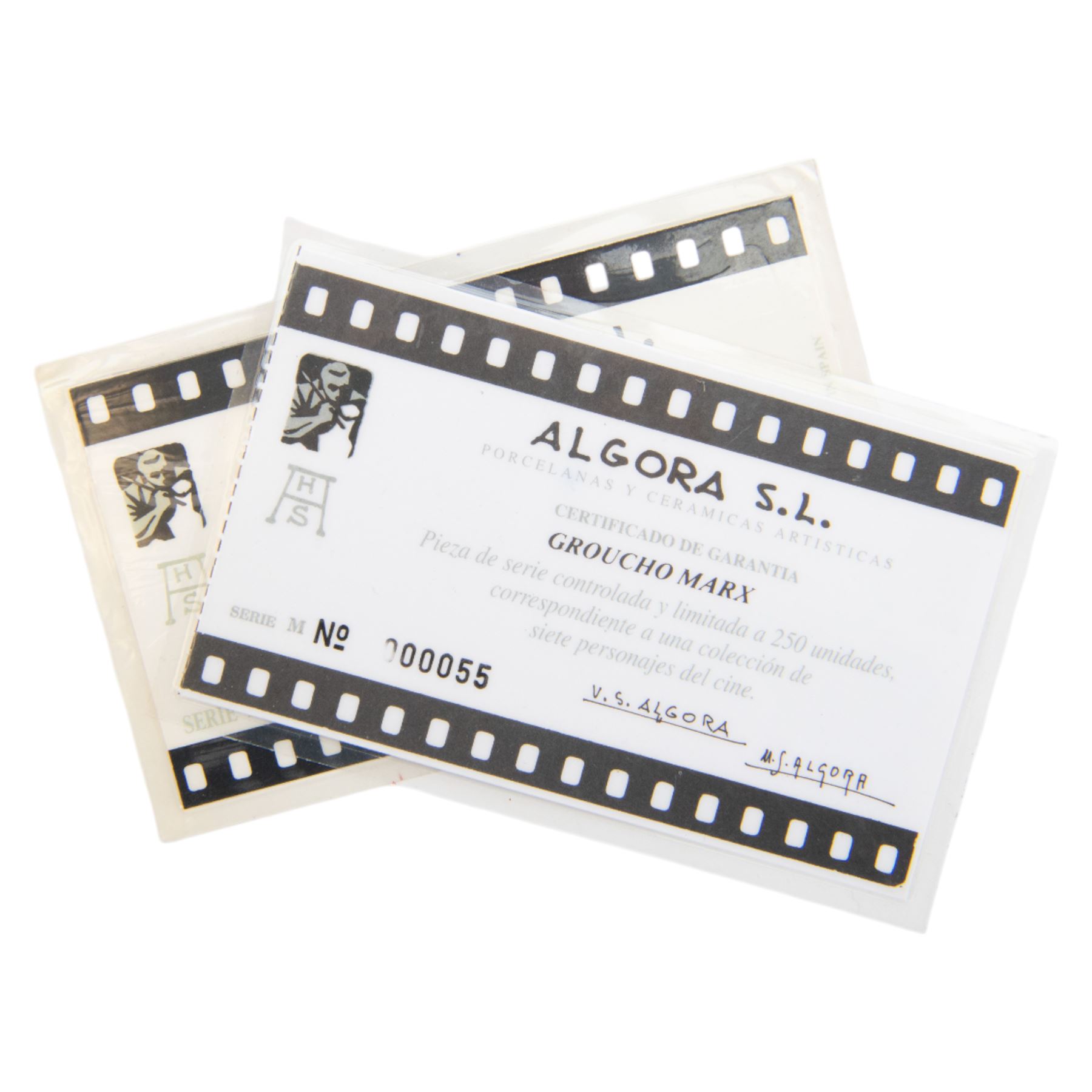 Two Spanish Algora Personajes Del Cine figures, modelled as Charlie Chaplin and Groucho Marx, with printed marks beneath, both with certificates of authenticity, H35cm