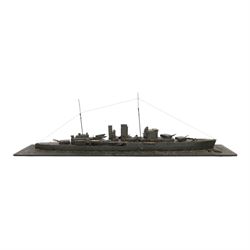  HMS Exeter, Waterline wartime metal model upon a wooden base, circa 1939-45, H24cm, L82cm  