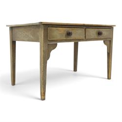 19th century stripped and painted rustic pine table, rectangular triple plank top fitted with two drawers, raised on square tapering supports