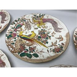 Five early 20th century Royal Crown Derby Olde Avesbury pattern dinner plates, decorated with oriental pheasants, butterflies and other birds amongst flowering branches, with impressed and printed marks to reverse, D26.5cm
