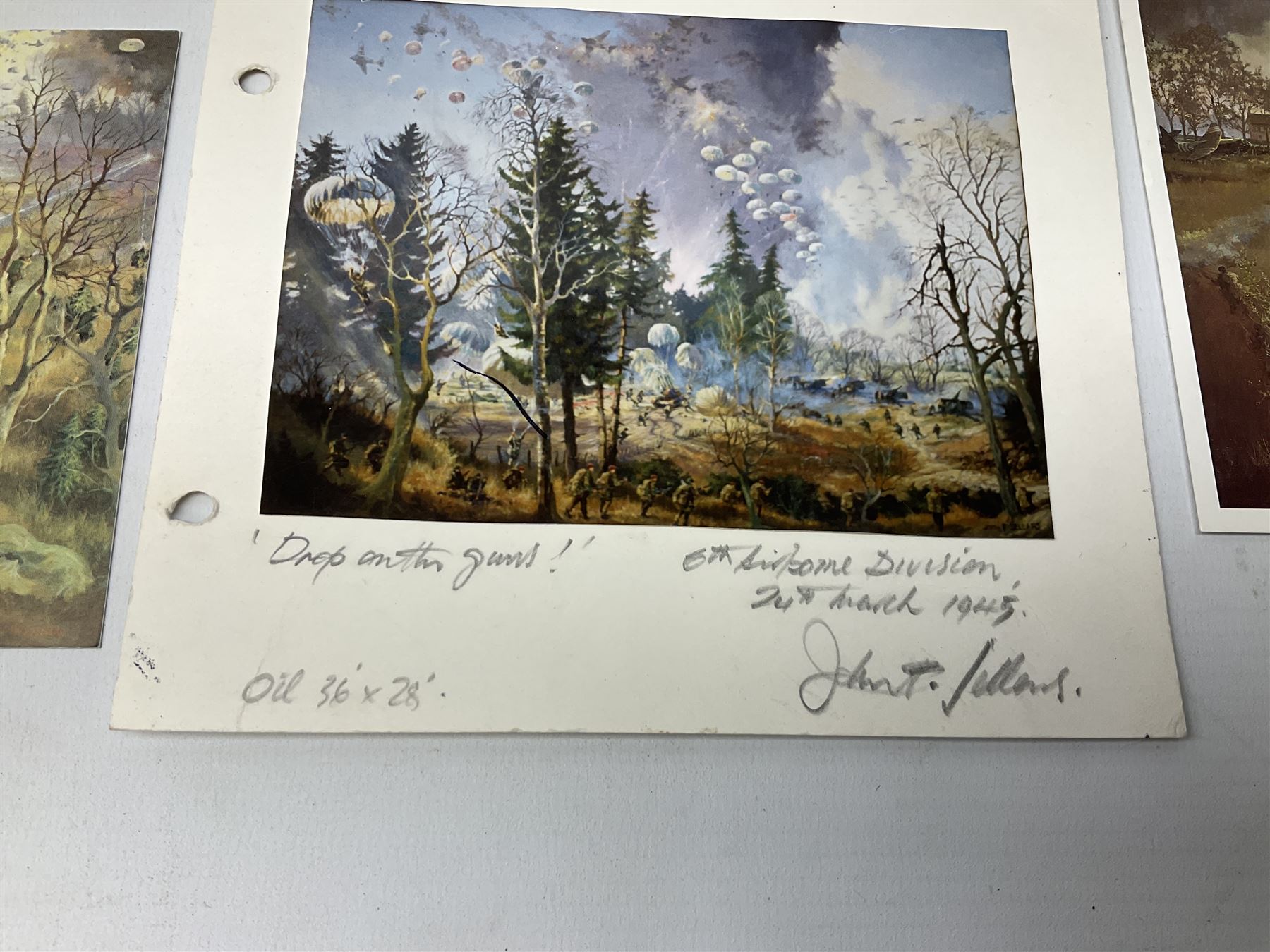 Presentation bronzed figure of a paratrooper by Peter Hicks mounted on a mahogany plinth with plaque inscribed ' Presented to Lieutenant General Sir Michael Gray KCB OBE President Army Parachute Association 1981-1987 An Outstanding Term of Leadership Friendship and Humour. Thank You All Ranks A.P.A.' H28cm; a brass Pegasus plaque H12cm; and small quantity of colour photographs and prints of military related paintings