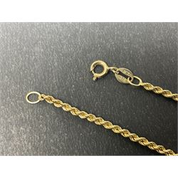 9ct gold jewellery, including opal ring and two other stone set rings, locket and rope twist chain 