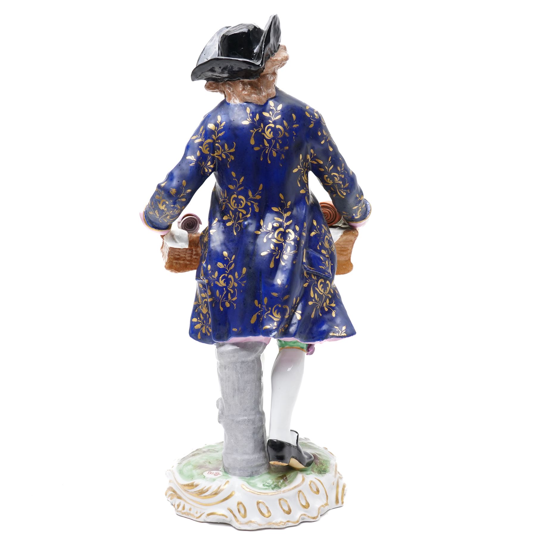 Pair of 19th century Samson of Paris figures of male and female itinerant milliners, each holding a basket with ribbons and flowers on rococo style gilt bases H33cm