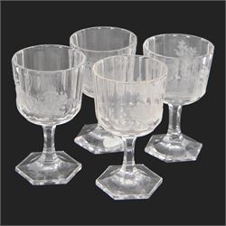 Set of four Galle, Nancy, intaglio engraved liqueur glasses, Gallé, Nancy, circa 1880, each with faceted bucket bowl engraved with animals within landscape settings, upon hexagonal stems and hexagonal feet, two examples engraved 'Galle Reinemer a Nancy', one engraved 'Galle a Nancy', and one unsigned, H7cm